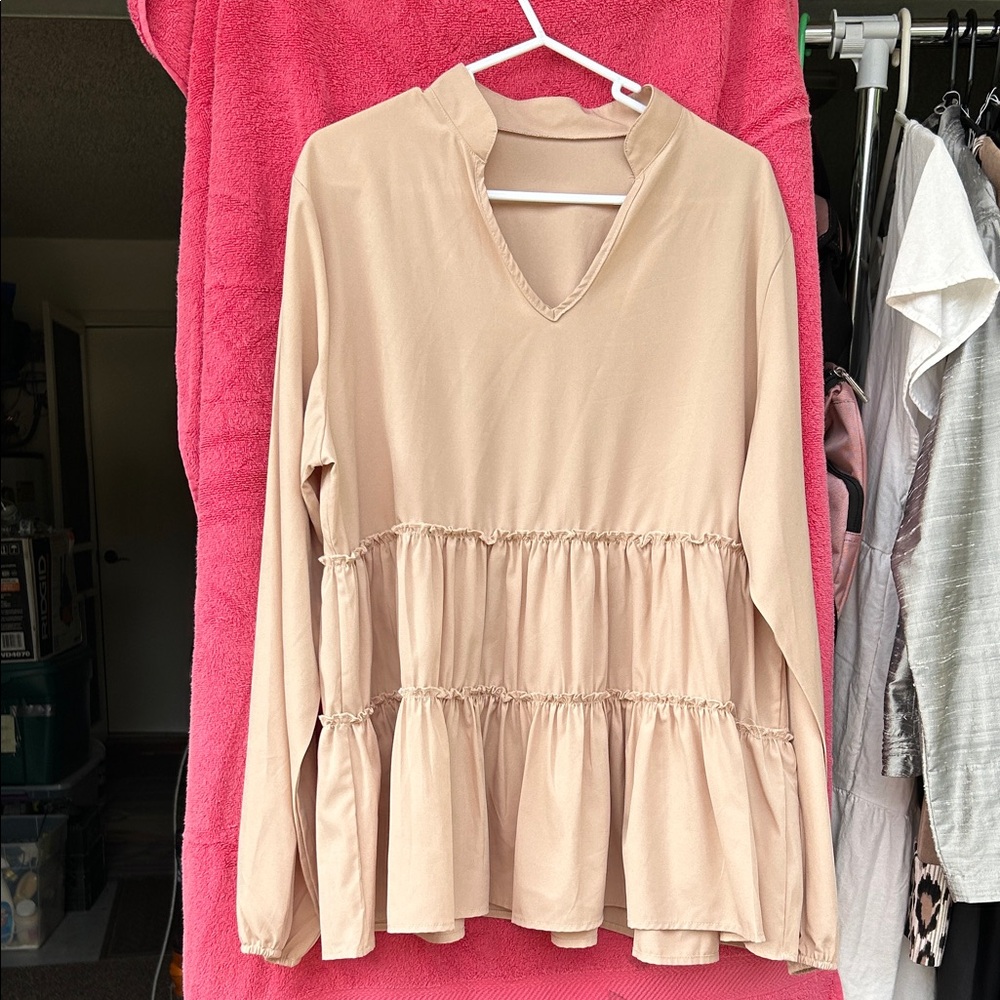 Cream Tiered Peplum Long-Sleeve Tunic Top
